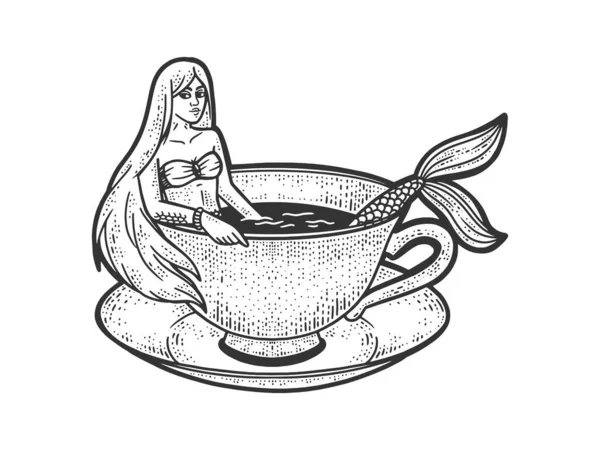 Meerjungfrau badet in Tasse Kaffee Skizze Gravur Vektorillustration. T-Shirt-Print-Design. Rubbelbrett-Imitat. Handgezeichnetes Schwarz-Weiß-Bild. — Stockvektor