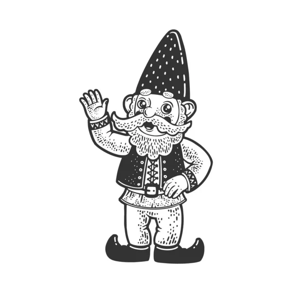 Enano gnome cuento de hadas carácter boceto grabado vector ilustración. Diseño de estampado de ropa de camiseta. Scratch board imitación. Imagen dibujada a mano en blanco y negro. — Vector de stock