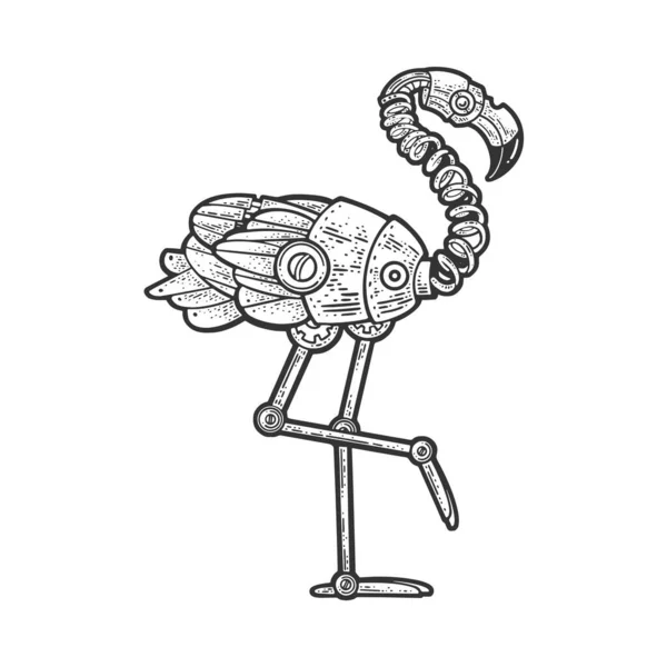 Flamingo mecânico pássaro esboço gravura vetor ilustração. T-shirt design de impressão de vestuário. Imitação de raspadinha. Imagem desenhada à mão preto e branco. — Vetor de Stock