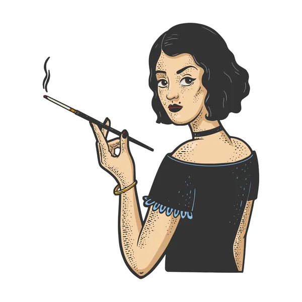 Girl with mouthpiece cigarette holder and cigarette color sketch engraving vector illustration. T-shirt apparel print design. Scratch board imitation. Black and white hand drawn image. — 图库矢量图片