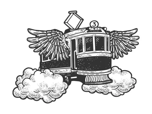 Tranvía volador vintage con alas esbozo ilustración vector grabado. Diseño de estampado de ropa de camiseta. Scratch board imitación. Imagen dibujada a mano en blanco y negro. — Vector de stock