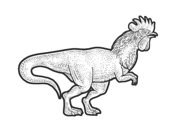 Galo encabeçado tiranossauro dinossauro pássaro esboço gravura vetor ilustração. T-shirt design de impressão de vestuário. Imitação de raspadinha. Imagem desenhada à mão preto e branco. — Vetor de Stock
