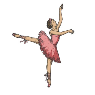 Bale dansçısı kadın renk çizimi kabartma vektör çizimi. Tahta sitili taklit. Siyah beyaz el çizimi resim.