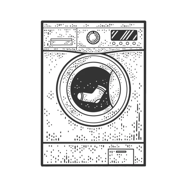 Lavage machine à laver chaussette esquisse gravure vectorielle illustration. T-shirt imprimé design. Imitation de carte à gratter. Image dessinée à la main noir et blanc. — Image vectorielle