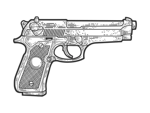 Beretta 92 Pistole historische Skizze Gravurvektorillustration. T-Shirt-Print-Design. Rubbelbrett-Imitat. Handgezeichnetes Schwarz-Weiß-Bild. — Stockvektor