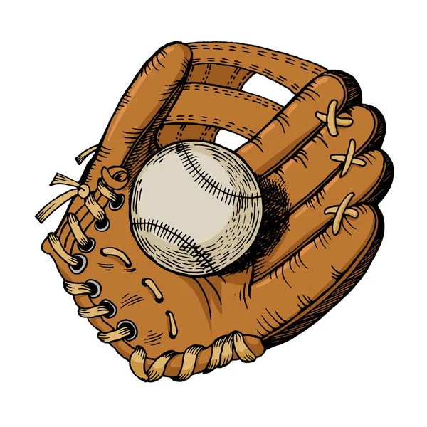 Luva de beisebol e bola cor esboço gravura vetor ilustração. Imitação de estilo Scratch board. Imagem desenhada à mão. — Vetor de Stock