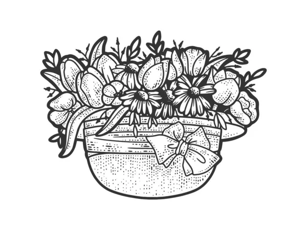 Blommor i hatt cylinder skiss gravyr vektor illustration. T-shirt kläder tryck design. Skrapbrädesimitation. Svart och vit handritad bild. — Stock vektor