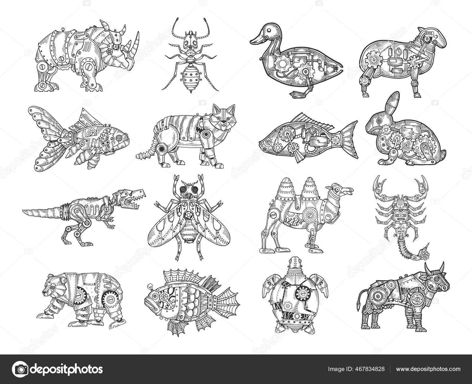 Mechanical animal set sketch engraving vector illustration. T-shirt apparel  print design. Scratch board imitation. Black and white hand drawn image.  Stock Vector Image by ©AlexanderPokusay #467834828