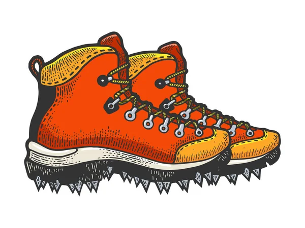 Escalador botas de senderismo con pinchos ilustración vectorial croquis grabado. Scratch board estilo imitación. Imagen dibujada a mano en blanco y negro. — Vector de stock