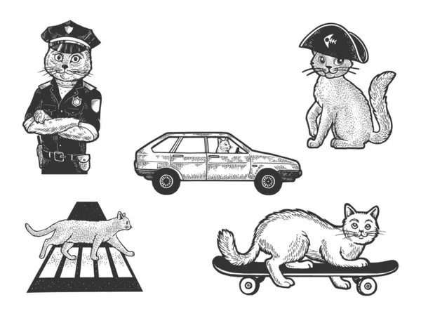 Кішка тварин набір ескіз гравіювання Векторні ілюстрації. Дизайн футболки для друку. Імітація дошки подряпин. Чорно-біле намальоване зображення руки . — стоковий вектор