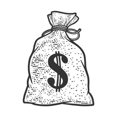 İçinde para ve dolar işareti olan bir çanta, kabartma vektör çizimi. Tişört giysisi baskısı tasarımı. Çizik tahtası taklidi. Siyah beyaz el çizimi resim.