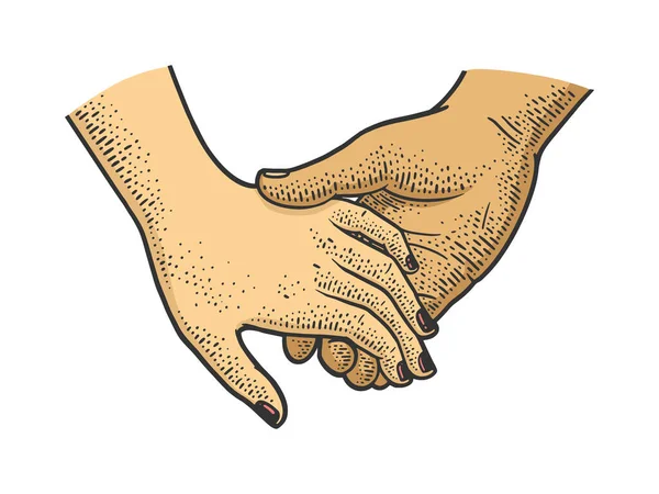 Verliebtes Paar hält Hand in Hand Farbskizze Graviervektorillustration. T-Shirt-Print-Design. Rubbelbrett-Imitat. Handgezeichnetes Schwarz-Weiß-Bild. — Stockvektor