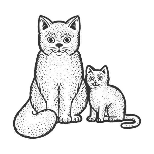 Kat moeder met kitten schets graveren vector illustratie. T-shirt kleding print ontwerp. Krasplank imitatie. Zwart en wit met de hand getekend afbeelding. — Stockvector