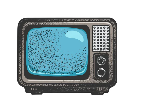 Régi TV-készülék színes vázlat gravírozás vektor illusztráció. Póló mintás ruha. Karcolódeszka utánzat. Fekete-fehér kézzel rajzolt kép. — Stock Vector