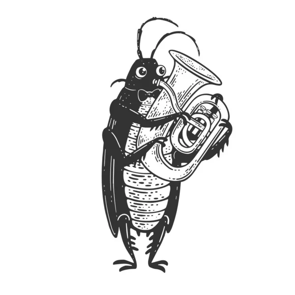 Orquesta de cucaracha de dibujos animados tocando el enorme tubo de latón boceto de trompeta grabado vector ilustración. Diseño de estampado de ropa de camiseta. Scratch board imitación. Imagen dibujada a mano en blanco y negro. — Vector de stock