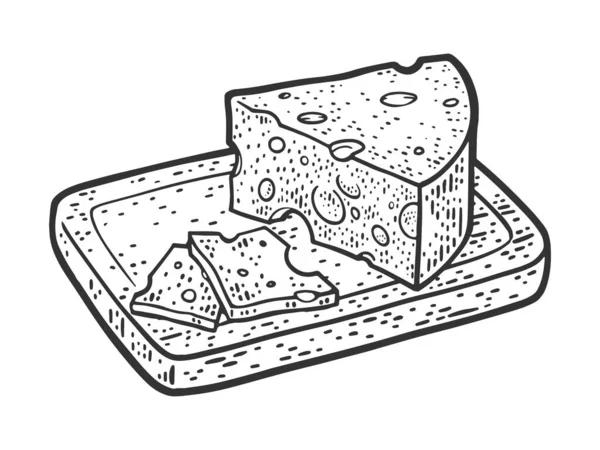 치즈는 자르는 보드 스케치에 벡터 삽화에 얇게 썰어 져 있습니다. 티셔츠 의류 인쇄 디자인. 스크래치 보드 모방. 손으로 그린 흑백 그림. — 스톡 벡터