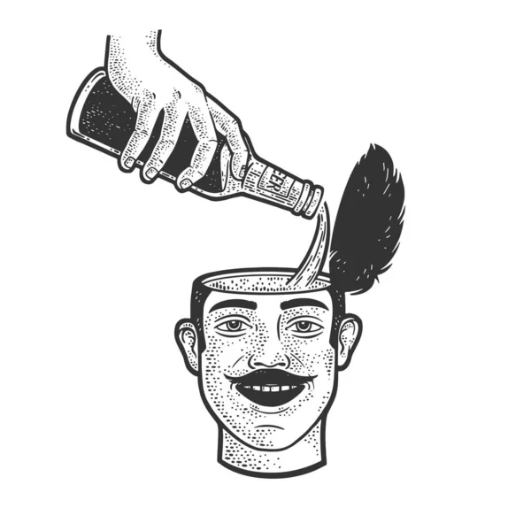 Cerveja é derramada na cabeça de um homem alegre esboço gravura vetor ilustração. T-shirt design de impressão de vestuário. Imitação de raspadinha. Imagem desenhada à mão preto e branco. — Vetor de Stock