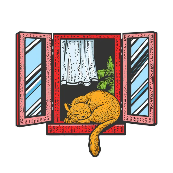 Cat alszik ablakpárkányon nyitott ablak színes vázlat gravírozás vektor illusztráció. Póló mintás ruha. Karcolódeszka utánzat. Fekete-fehér kézzel rajzolt kép. — Stock Vector