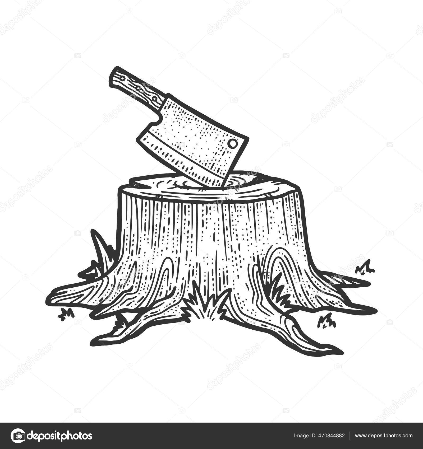 부엌 뜨개 질 칼은 나무 그루터기 스케치에 붙어 있는 칼을 조각하는 벡터 그림이다. 티셔츠 의류 인쇄 디자인. 스크래치 보드 모방.  손으로 그린 흑백 그림. 스톡 벡터 - ©AlexanderPokusay 470844882, image size:1600x1700
