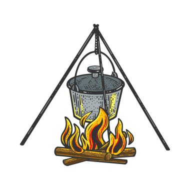 Cauldron pot on fire color sketch engraving vector illustration. T-shirt apparel print design. Scratch board imitation. Black and white hand drawn image. vector Cauldron pot on fire color sketch engraving vector illustration. T-shirt apparel print design. Scratch board imitation. Black and white hand drawn image. vector