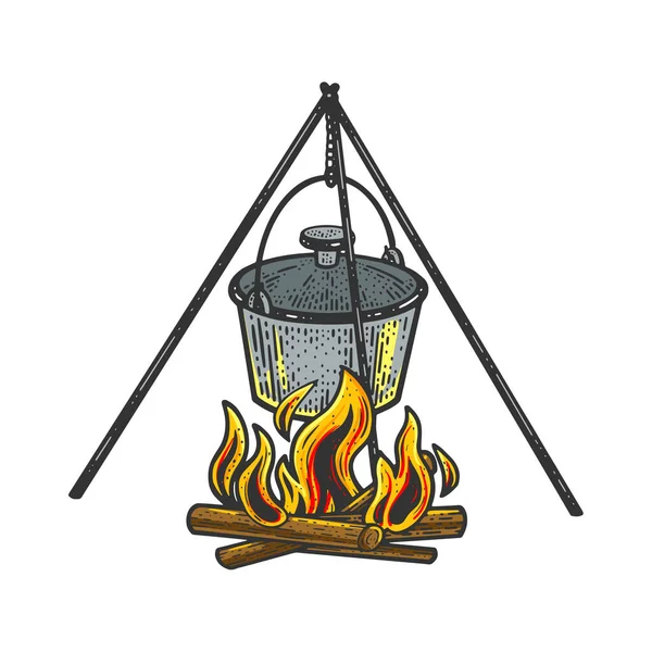 Kessel Topf auf Feuer Farbskizze Gravur Vektorillustration. T-Shirt-Print-Design. Rubbelbrett-Imitat. Handgezeichnetes Schwarz-Weiß-Bild. — Stockvektor