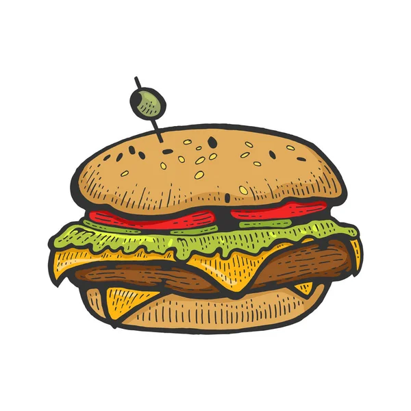 Hamburger burger sandwich croquis couleur gravure vectorielle illustration. Imitation de style scratch board. Image dessinée à la main noir et blanc. — Image vectorielle