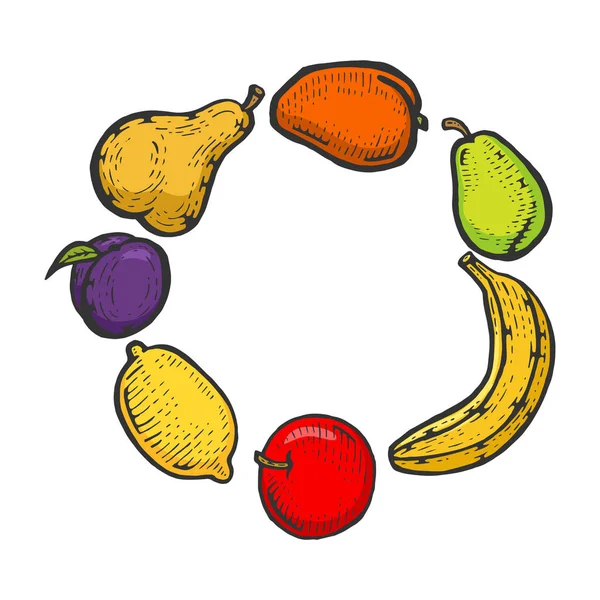 Frutta vegan colore cibo schizzo incisione vettoriale illustrazione. Imitazione in stile gratta e vinci. Immagine disegnata a mano in bianco e nero. — Vettoriale Stock