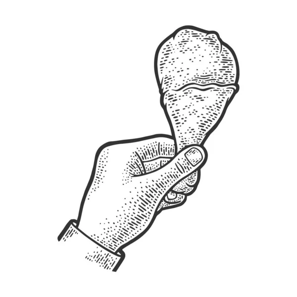 Gebratene Hähnchenkeule in Handskizze Gravurvektorillustration. T-Shirt-Print-Design. Rubbelbrett-Imitat. Handgezeichnetes Schwarz-Weiß-Bild. — Stockvektor