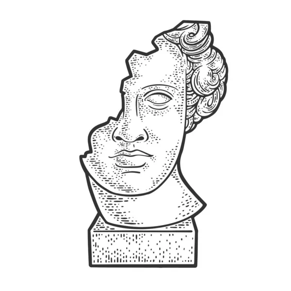 Gebrochener Kopf der Statue Skulptur Skizze Gravur Vektorillustration. T-Shirt-Print-Design. Rubbelbrett-Imitat. Handgezeichnetes Schwarz-Weiß-Bild. — Stockvektor