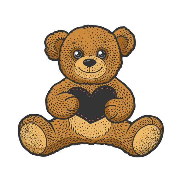 Teddy maci játék szív Valentin napi ajándék színes vázlat metszet vektor illusztráció. Póló mintás ruha. Karcolódeszka utánzat. Fekete-fehér kézzel rajzolt kép. — Stock Vector