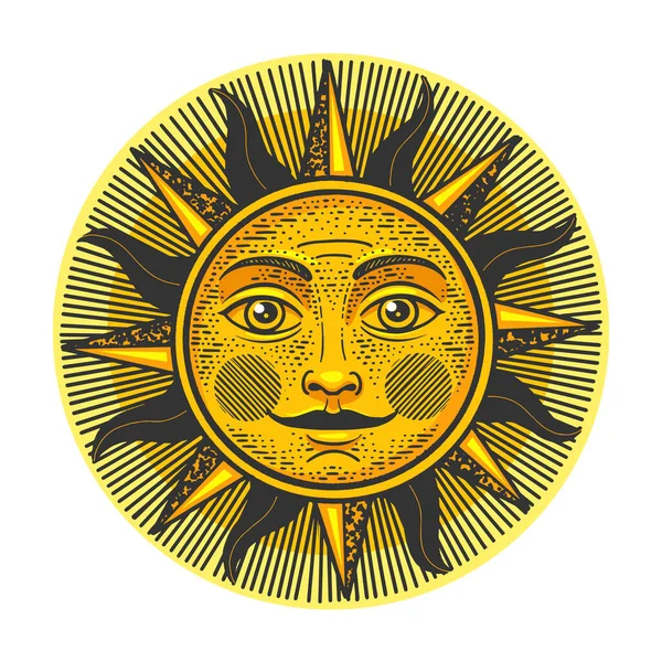 Sol con ilustración de vectores de grabado a color de cara. Diseño de estampado de ropa de camiseta. Scratch board imitación. Imagen dibujada a mano en blanco y negro. — Archivo Imágenes Vectoriales