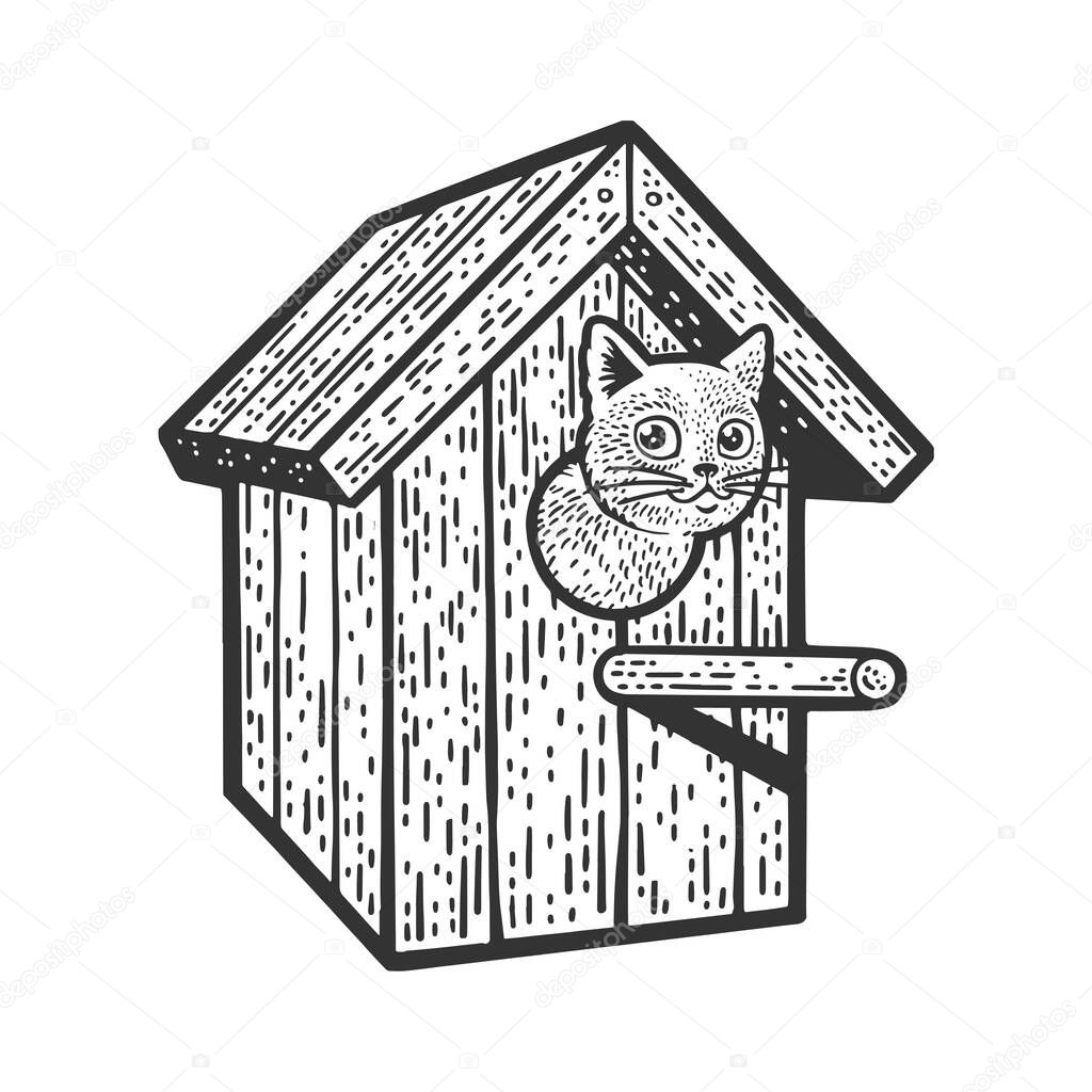 Cat in birdhouse sketch engraving vector illustration. T-shirt apparel print design. Scratch board imitation. Black and white hand drawn image.