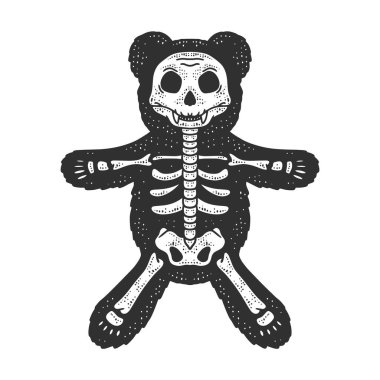 Oyuncak ayı iskelet çizgisi çizimi, kabartma vektör çizimi. Tişört giysisi baskısı tasarımı. Çizik tahtası taklidi. Siyah beyaz el çizimi resim.