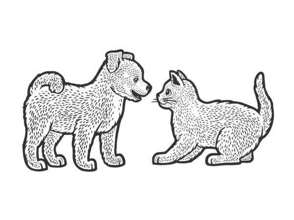 小狗和小猫线条艺术素描矢量插图。T恤服装印花设计。刮板仿制。黑白手绘图像. — 图库矢量图片