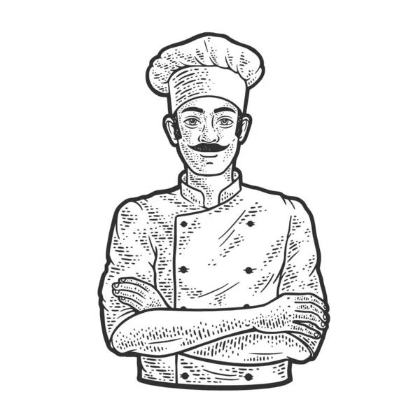 Chef hombre en sombrero de chef toque línea arte boceto grabado vector ilustración. Diseño de estampado de ropa de camiseta. Scratch board imitación. Imagen dibujada a mano en blanco y negro. — Archivo Imágenes Vectoriales