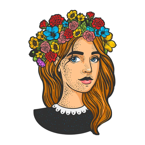 Chica con corona de flores en su cabeza color línea arte boceto grabado vector ilustración. Diseño de estampado de ropa de camiseta. Scratch board imitación. Imagen dibujada a mano en blanco y negro. — Vector de stock