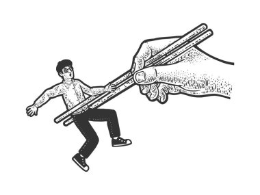 Yemek çizgisi çizimi olarak insan yemek çubukları kabartma vektör çizimi. Tişört giysisi baskısı tasarımı. Çizik tahtası taklidi. Siyah beyaz el çizimi resim.