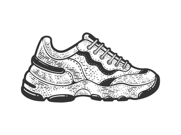 Sneaker sport trainers atletische schoen lijn kunst schets graveren vector illustratie. T-shirt kleding print ontwerp. Krasplank imitatie. Zwart en wit met de hand getekend afbeelding. — Stockvector