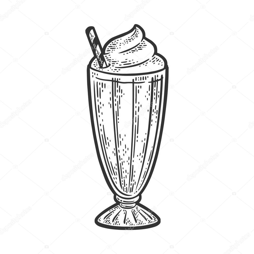 Milk shake line art sketch engraving vector illustration. T-shirt apparel print design. Scratch board imitation. Black and white hand drawn image.