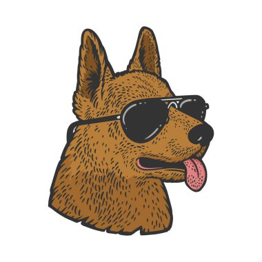 Güneş gözlüklü çoban köpeği renk çizgisi çizimi, kabartma vektör çizimi. Tişört giysisi baskısı tasarımı. Çizik tahtası taklidi. Siyah beyaz el çizimi resim.