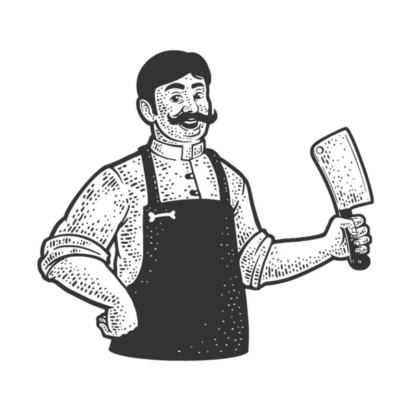 Butcher with cleaver knife line art sketch engraving vector illustration. T-shirt apparel print design. Scratch board imitation. Black and white hand drawn image. — Stock Vector