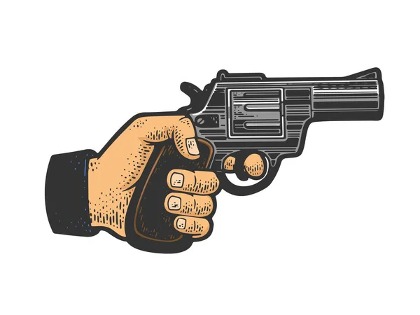 Hand bedreigt met revolver pistool pistool kleur lijn kunst schets graveren vector illustratie. T-shirt kleding print ontwerp. Krasplank imitatie. Zwart en wit met de hand getekend afbeelding. — Stockvector