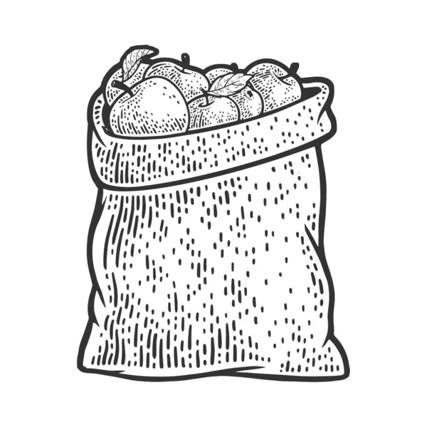Bolsa de manzanas línea arte boceto grabado vector ilustración. Diseño de estampado de ropa de camiseta. Scratch board imitación. Imagen dibujada a mano en blanco y negro. — Vector de stock