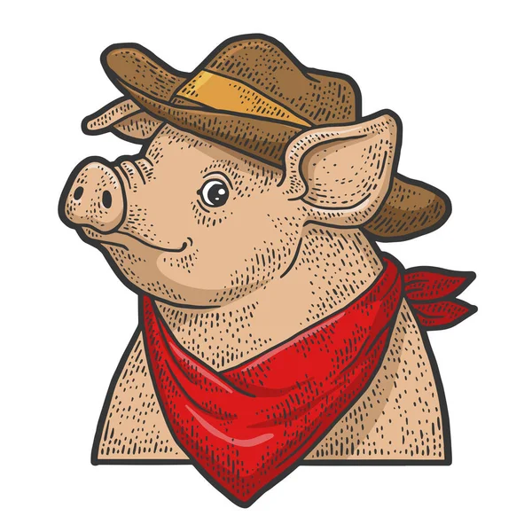 Dessin animé cowboy piggy couleur ligne art croquis gravure vectoriel illustration. T-shirt imprimé design. Imitation de carte à gratter. Image dessinée à la main noir et blanc. — Image vectorielle