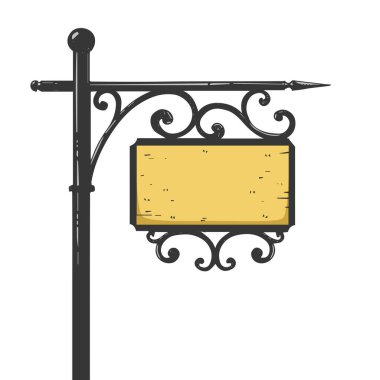 Eski şehir trafik levhası işaret çizgisi çizimi. Renk oyma vektörü çizimi. Tişört giysisi baskısı tasarımı. Çizik tahtası taklidi. Siyah beyaz el çizimi resim.