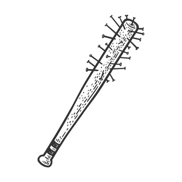 Kij baseballowy kij kij z linii paznokci szkic sztuki grawerowanie wektor ilustracji. Projekt druku odzieży T-shirt. Imitacja deski do drapania. Czarno-biały ręcznie rysowany obraz. — Wektor stockowy