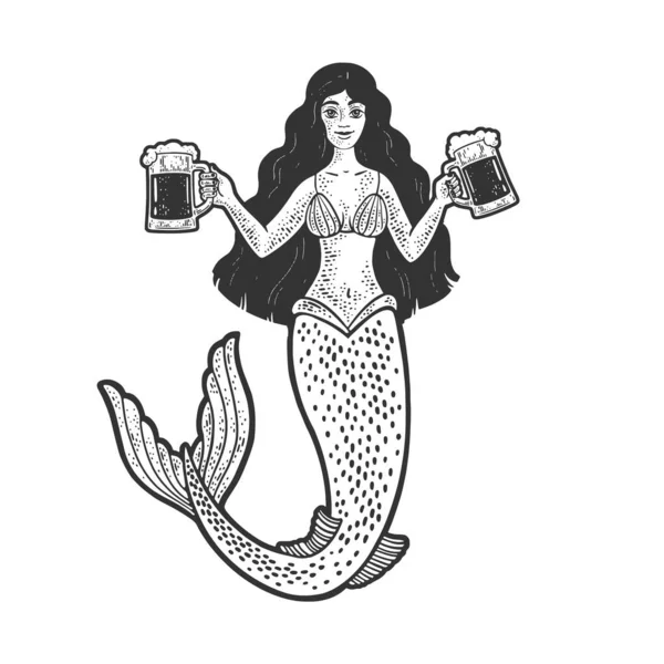 Mermaid with glasses of beer line art sketch engraving vector illustration. T-shirt apparel print design. Scratch board imitation. Black and white hand drawn image. — Stock Vector