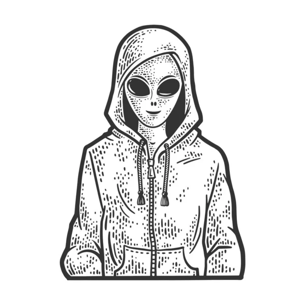 Alien em Hoodie suéter linha arte esboço gravura vetor ilustração. T-shirt design de impressão de vestuário. Imitação de raspadinha. Imagem desenhada à mão preto e branco. —  Vetores de Stock