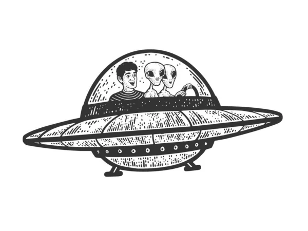 Uomo vola con gli alieni in UFO volante piattino linea arte schizzo incisione vettoriale illustrazione. T-shirt abbigliamento design di stampa. Imitazione del gratta e Vinci. Immagine disegnata a mano in bianco e nero. — Vettoriale Stock