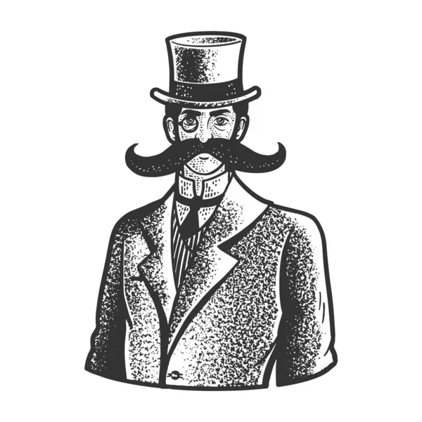 Gentleman med en gigantisk mustasch linje konst skiss gravyr vektor illustration. T-shirt kläder tryck design. Skrapbrädesimitation. Svart och vit handritad bild. — Stock vektor